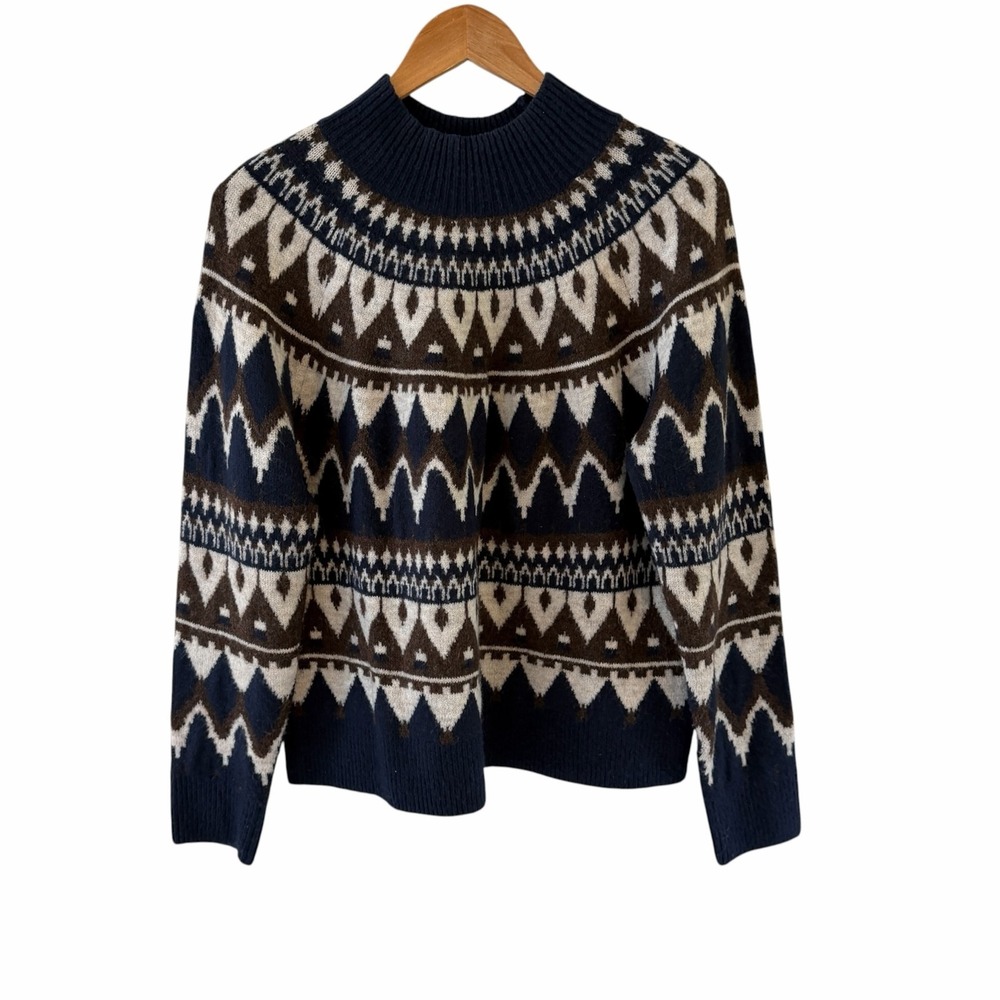 EVEREVE Fair Isle Sweater Womens M Blue Brown Mock Neck Pullover Knit Ski Cozy